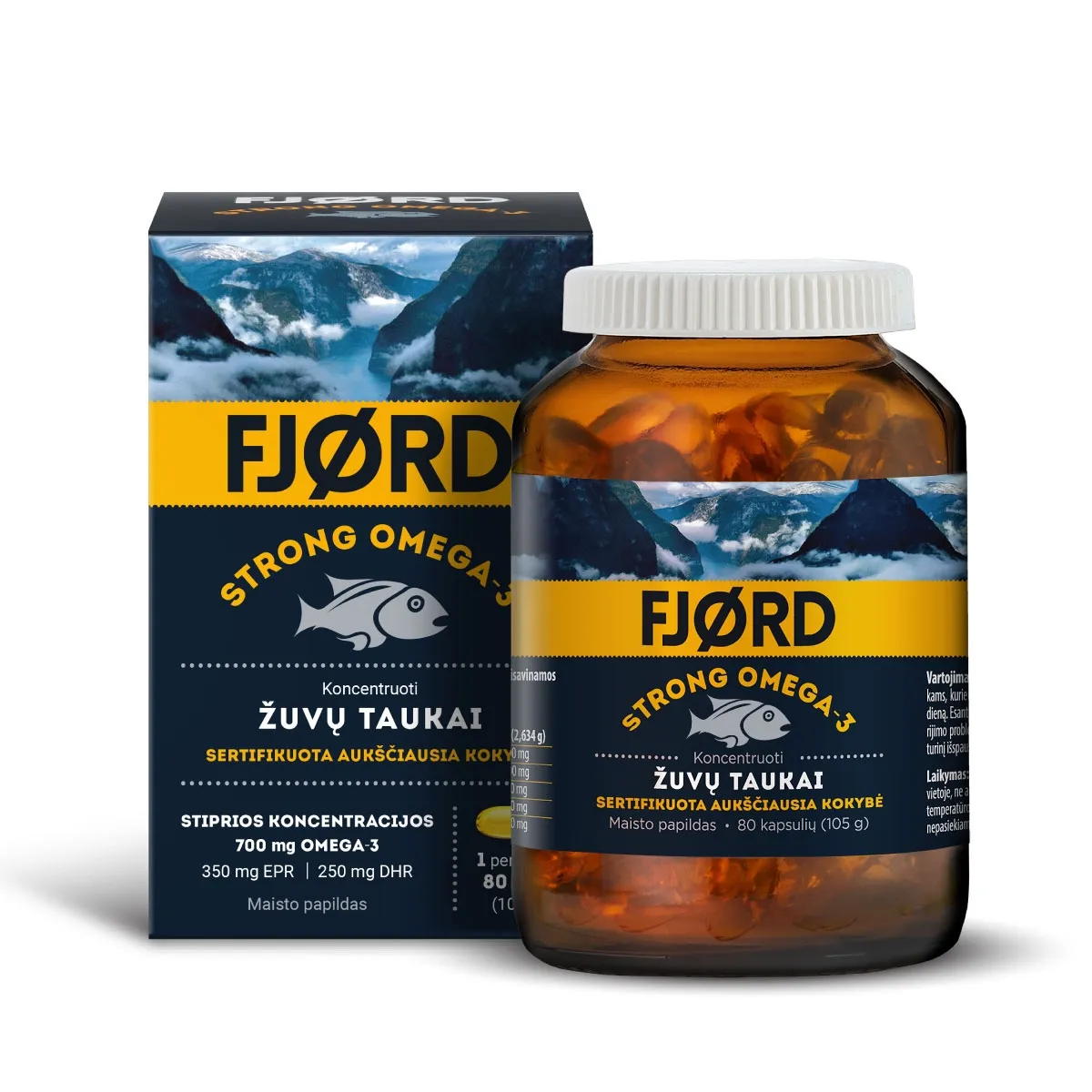 FJORD STRONG OMEGA-3 žuvų taukai, 80 kapsulių - 