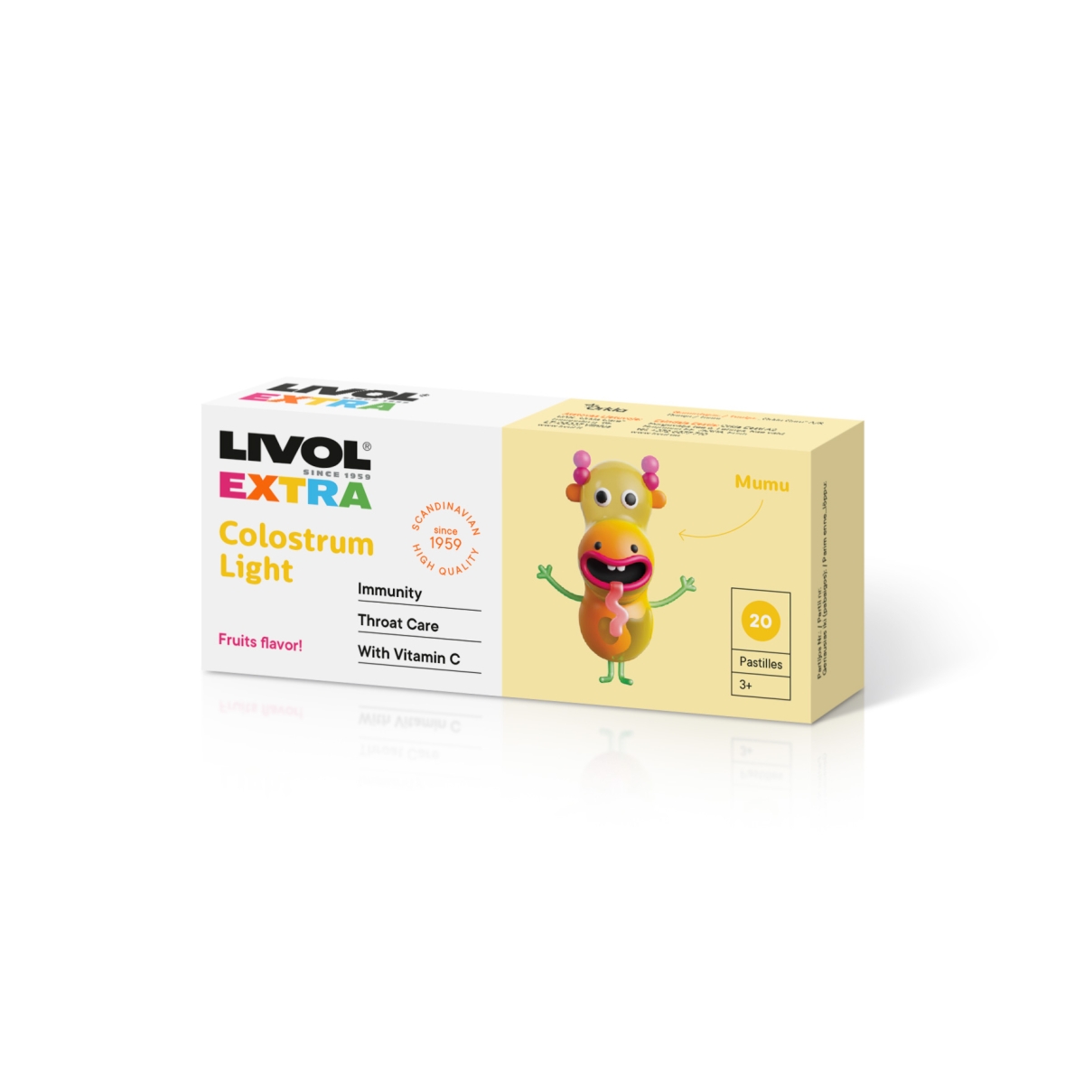 LIVOL EXTRA Colostrum Light, vaisių sk., 20 past. - 