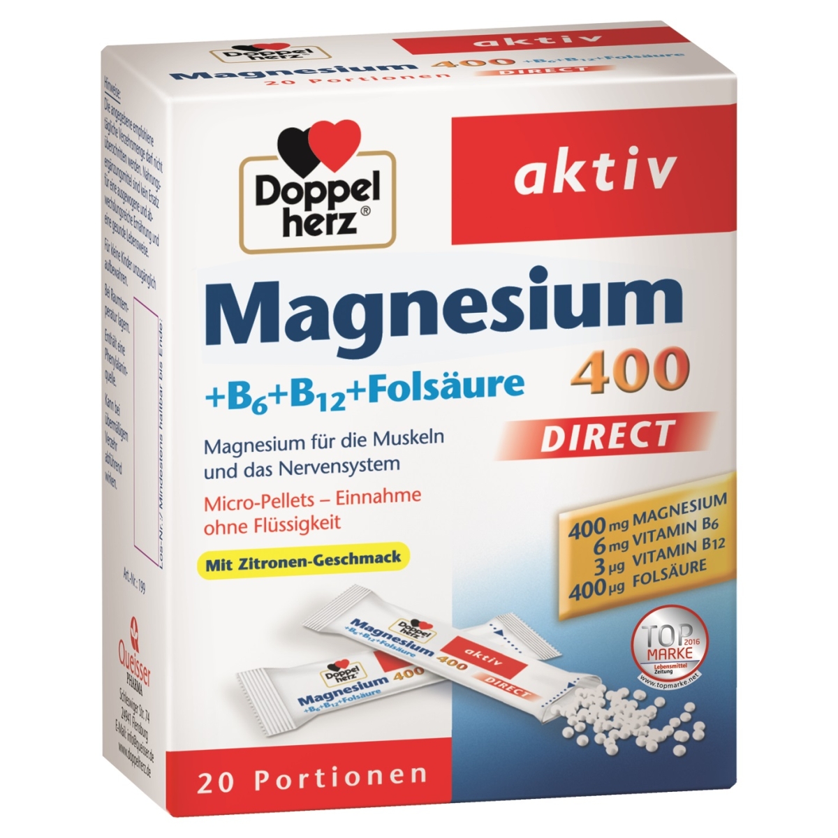 DOPPELHERZ MAGNESIUM 400 DIRECT, 20 paketėlių - 