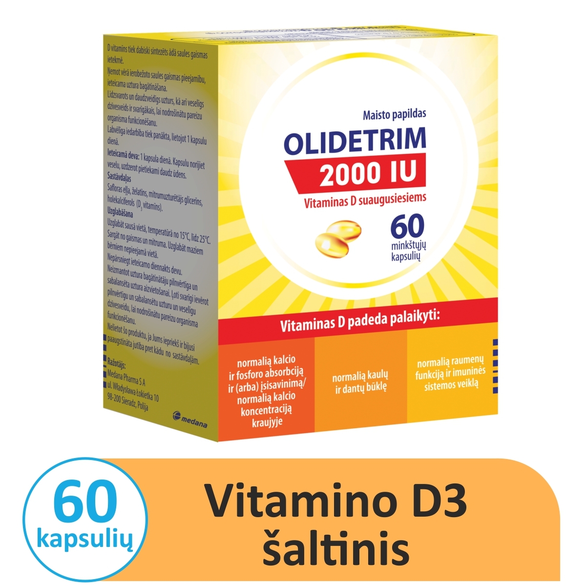 OLIDETRIM VITAMINAS D 2000TV, 60 minkštų kapsulių - 
