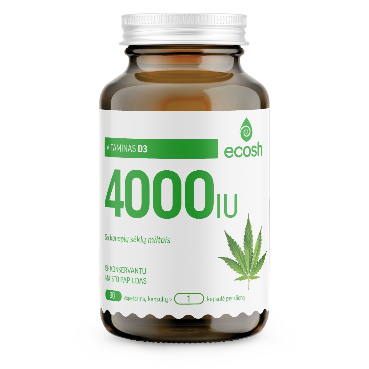 ECOSH vitaminas D3, 4000IU, su kanapių sėklų miltais, 90 kapsulių - 