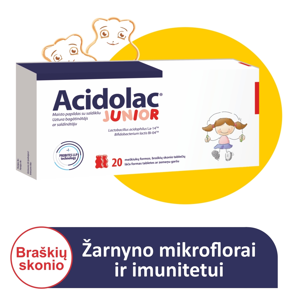 ACIDOLAC JUNIOR, meškiukų formos, braškių skonio, 20 tablečių -  1