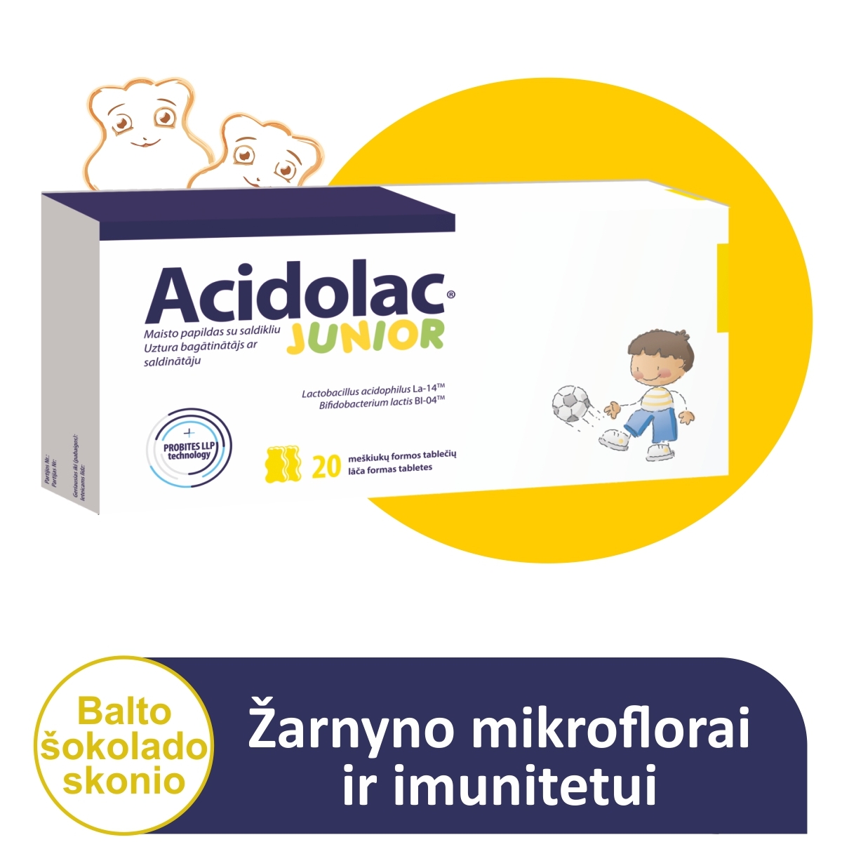 ACIDOLAC JUNIOR, meškiukų formos, balto šokolado skonio, 20 tablečių -  1