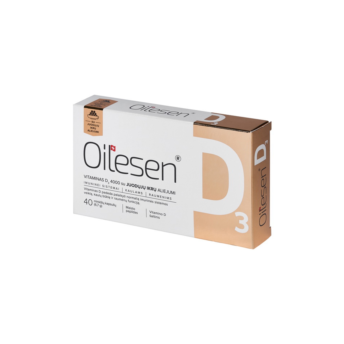 OILESEN vitaminas D3 su juodųjų ikrų aliejumi 4000 IU, 40 kapsulių - 