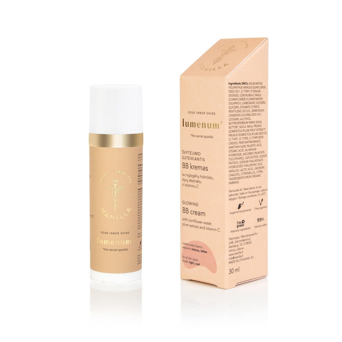 MANILLA švytėjimo suteikiantis BB kremas (MEDIUM/WARM) LUMENUM, 30ml - 