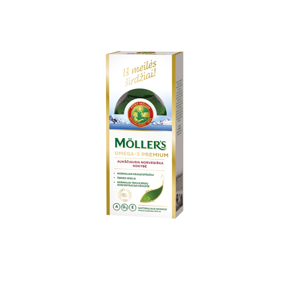MÖLLER'S OMEGA-3 PREMIUM žuvų taukai, natūralaus skonio, 250 ml - 