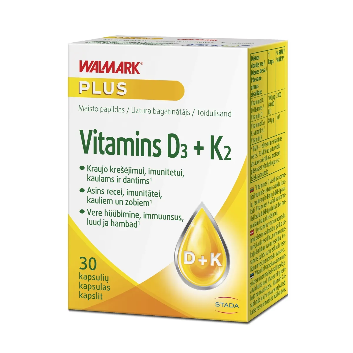 Walmark Vitaminas D3+K2 (dantims, kaulams), 30 kapsulių - 