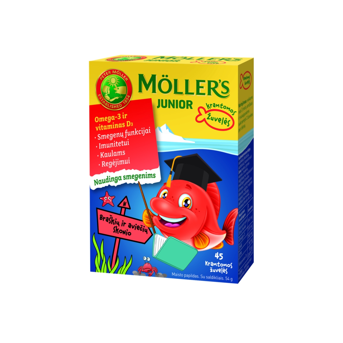 MÖLLER’S JUNIOR OMEGA-3 žuvų taukai, braškių-aviečių skonio, N45 - 