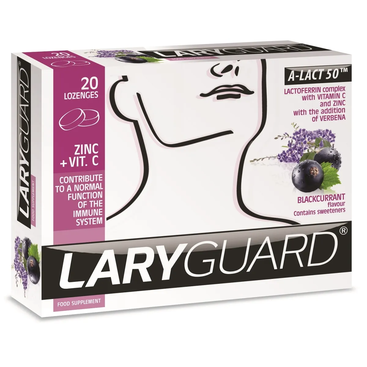 LARYGUARD čiulpiamos pastilės A-LACT 50TM, 20 pastilių - 