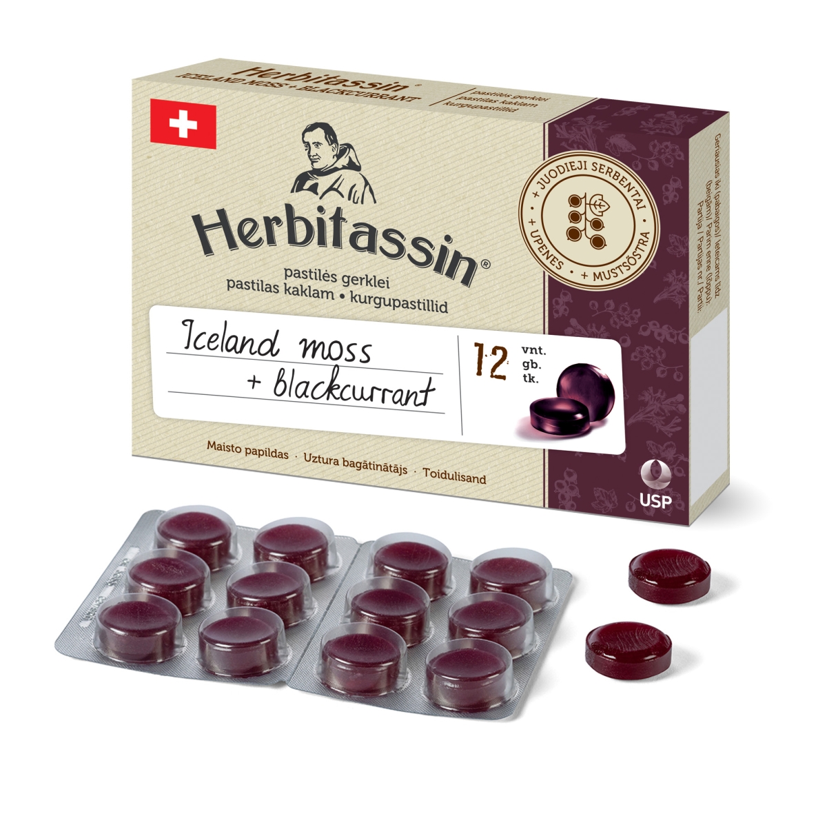 Herbitassin Iceland moss + blackcurrant, 12 pastilių -  1