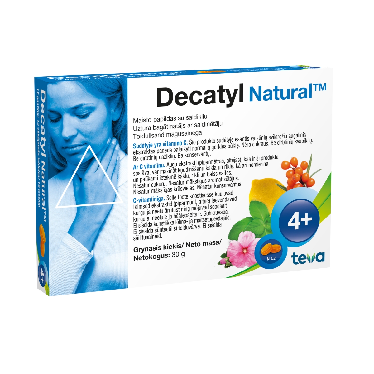 DECATYL NATURAL LOZENGES, 12 pastilių - 