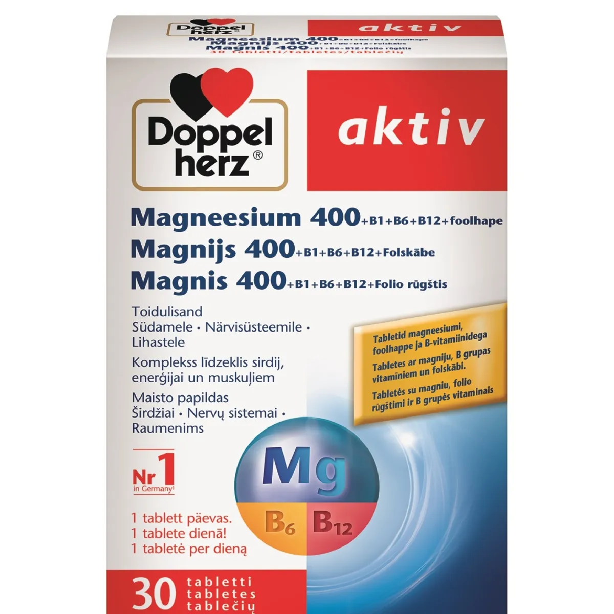 DOPPELHERZ Magnis400+B1+B6+B12+folio rūgštis AKTIV, 30 tablečių - 