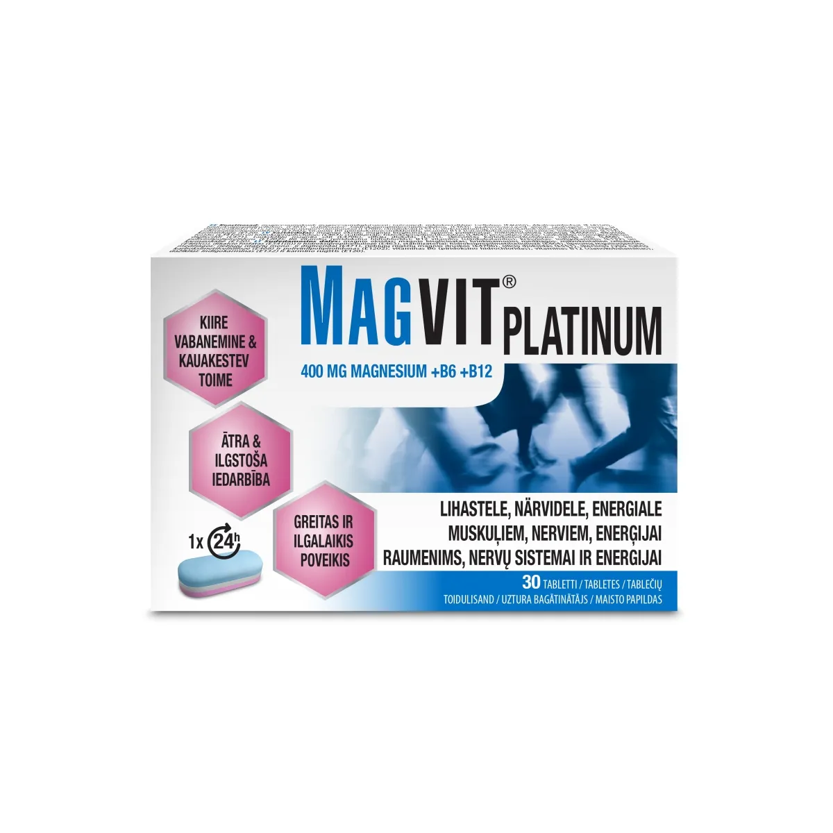 Magvit Platinum 400mg Magnesium+B6+B12 tabletės, N30 - 