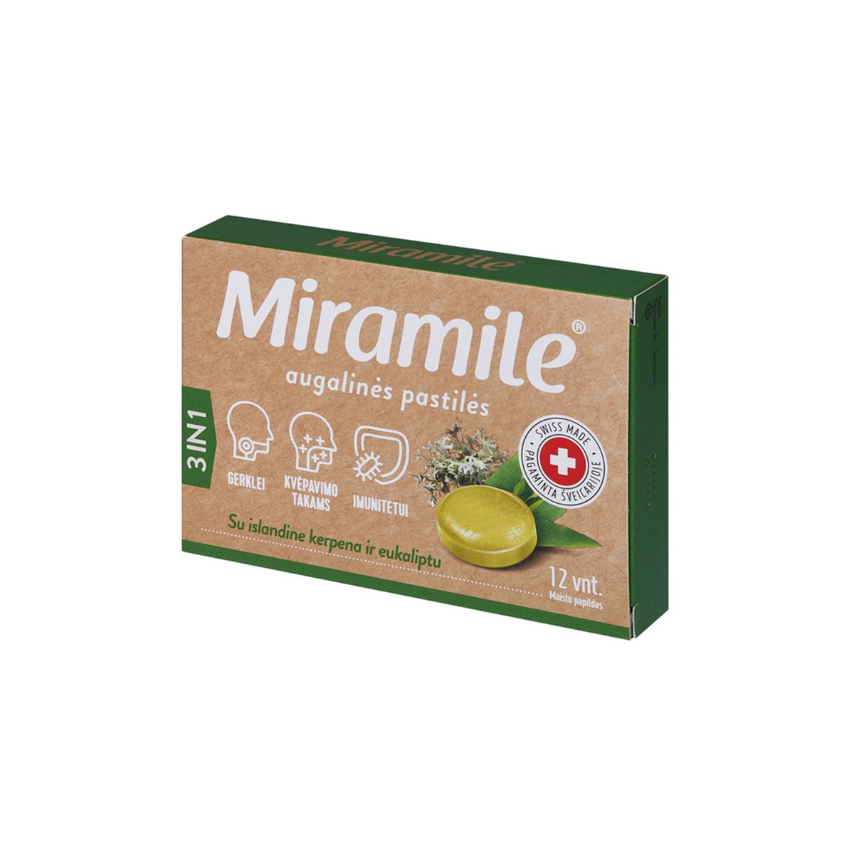 MIRAMILE su islandine kerpena ir eukaliptu, 12 kietųjų pastilių - 