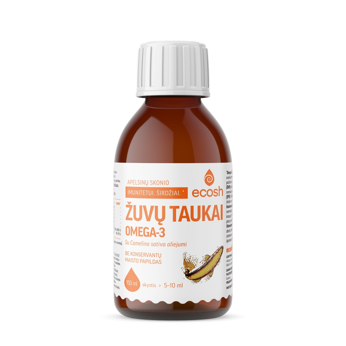 ECOSH žuvų taukai, su Camelina sativa aliejumi, apelsinų skonio, 150ml -  1