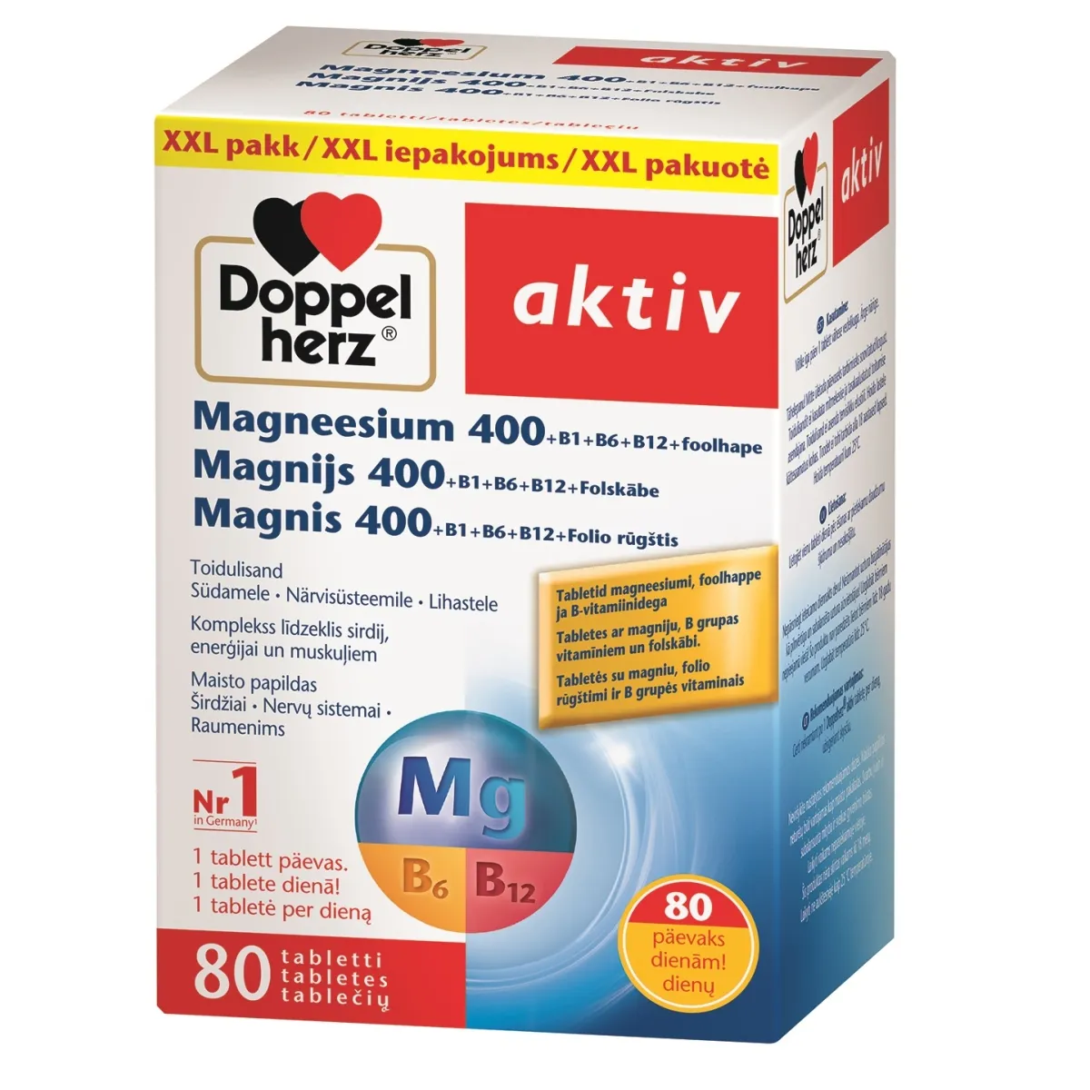 DOPPELHERZ AKTIV Magnis 400+ B1 + B6 + B12+Folio rūgštis, 80 tablečių - 