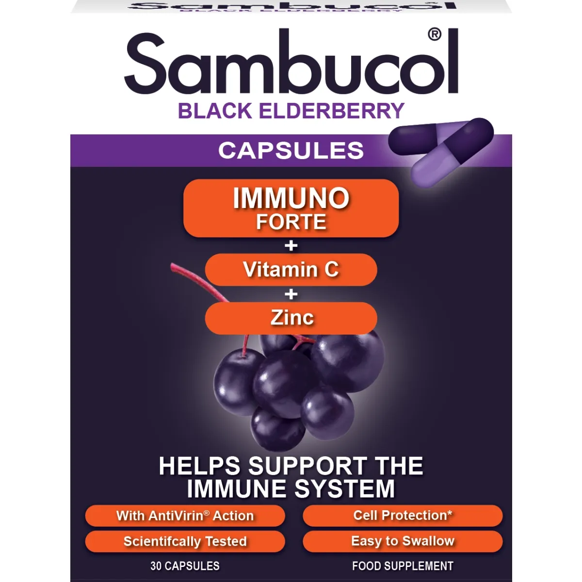 SAMBUCOL kapsulės BLACK ELDERBERY IMMUNO FORTE, N30 - 