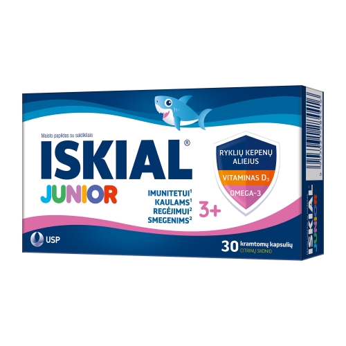 ISKIAL Junior, 30 kramtomųjų kapsulių, citrinų skonio