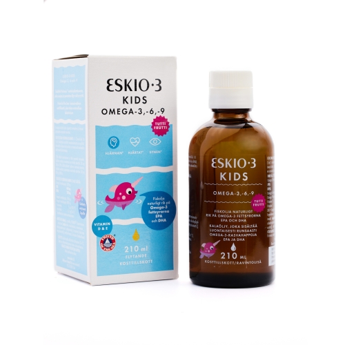ESKIO-3® KIDS žuvų taukai OMEGA-3, -6, -9 TUTTI FRUTTI skonio, 210ml