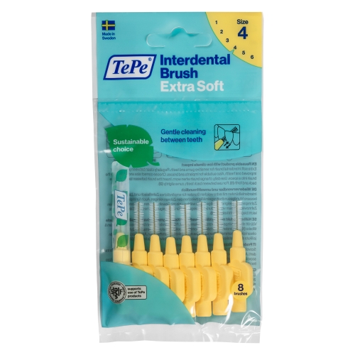 TEPE tarpdančių šepetėliai 0.6mm EXTRA SOFT SIZE 4, geltoni, N8