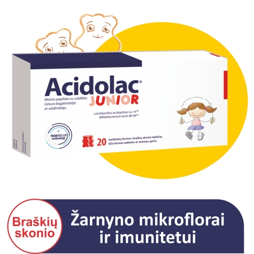 ACIDOLAC JUNIOR, meškiukų formos, braškių skonio, 20 tablečių