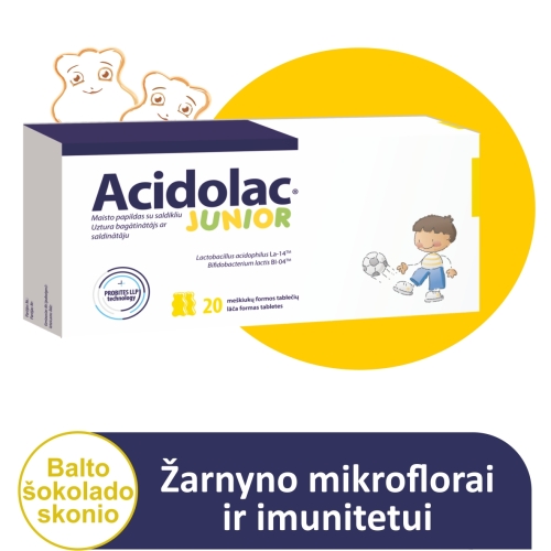 ACIDOLAC JUNIOR, meškiukų formos, balto šokolado skonio, 20 tablečių