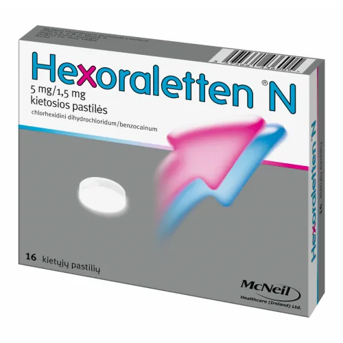 Hexoraletten N 5mg+1,5mg pastilės N16
