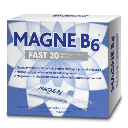 MAGNE B6 FAST (magnis), citrinų skonio granulės, 20 pakelių