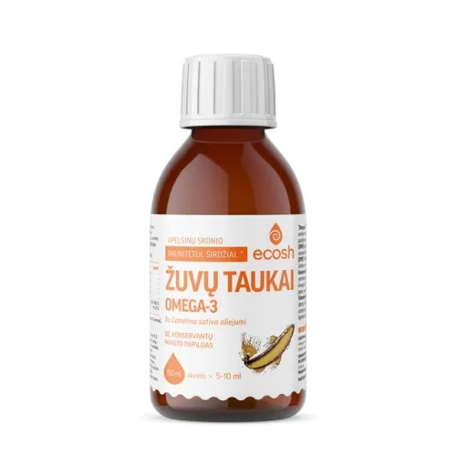 ECOSH žuvų taukai, su Camelina sativa aliejumi, apelsinų skonio, 150ml -  1