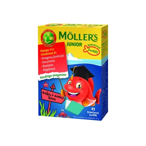MÖLLER’S JUNIOR OMEGA-3 žuvų taukai, braškių-aviečių skonio, N45