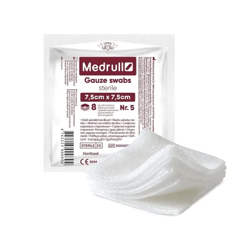 MEDRULL sterilios servetėlės, 8 sluoksnių, 7,5 cm x 7,5 cm, 5 vnt. -  