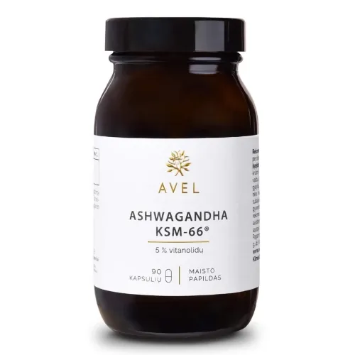 AVEL ASHWAGANDHA KSM-66® 5% vitanolidų, 90 kapsulių