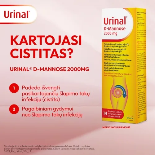 URINAL D-mannose (šlapimo takų infekcijoms), 2000mg, 14 šnypščiųjų tab -  2
