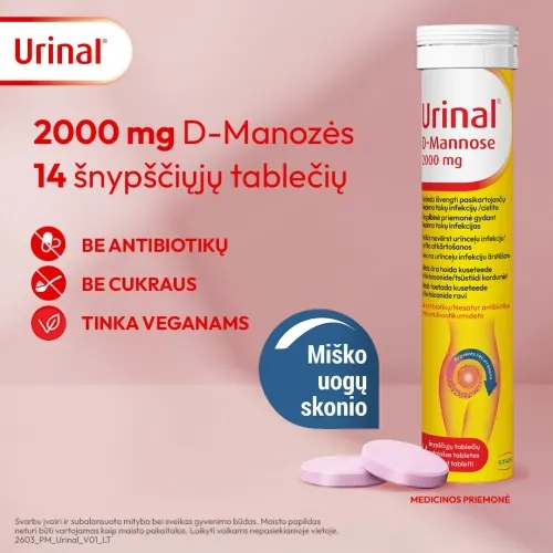 URINAL D-mannose (šlapimo takų infekcijoms), 2000mg, 14 šnypščiųjų tab -  3