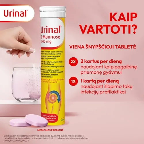 URINAL D-mannose (šlapimo takų infekcijoms), 2000mg, 14 šnypščiųjų tab -  4