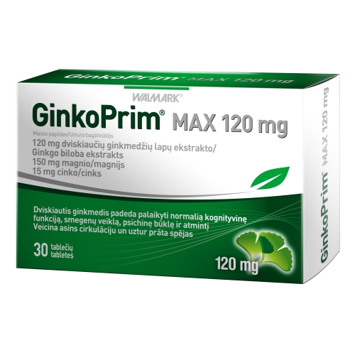 Product image of Ginkoprim Max (ginkmedis kraujotakai ir smegenų veiklai) 120mg 30 tab.