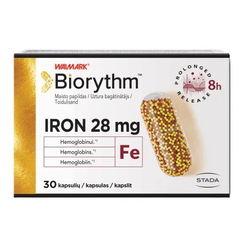 Product image of BIORYTHM IRON (prailginto veikimo geležis), 28 mg, 30 kapsulių