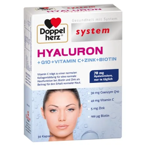 DOPPELHERZ HYALURON + Q10 + VITAMIN C + ZINK + BIOTIN, 30 kapsulių -  