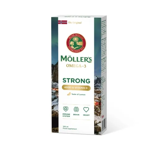 Möller's Strong Vitamin D žuvų taukai, citrinų skonio, 250 ml