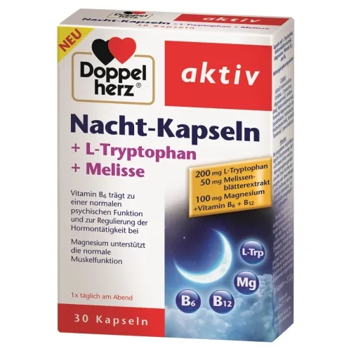 DOPPELHERZ AKTIV  NACHT-KAPSELN + L-Tryptophan + Melisse, 30 kapsulių -  