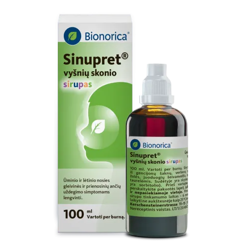 Sinupret vyšnių skonio sirupas 100 ml ir dozavimo taurelė N1