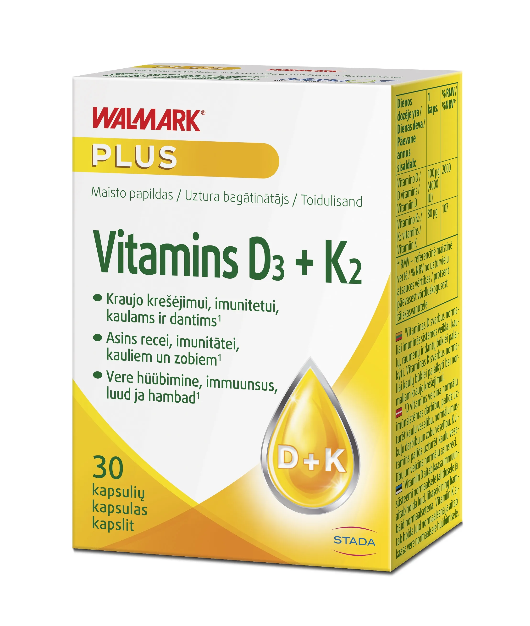 Walmark Vitaminas D3+K2 (dantims, kaulams), 30 kapsulių -  