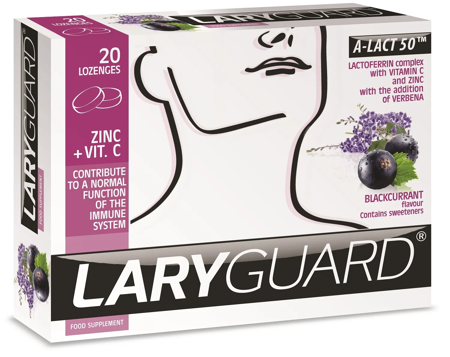 LARYGUARD čiulpiamos pastilės A-LACT 50TM, 20 pastilių -  