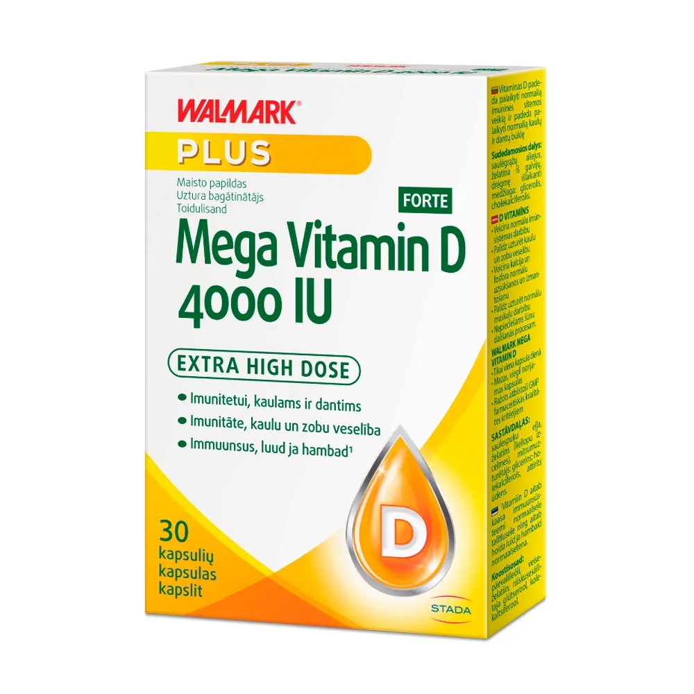 WALMARK MEGA VITAMIN D FORTE (vitaminas D), 4000 IU, 30 kapsulių -  