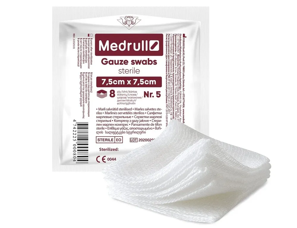 MEDRULL sterilios servetėlės, 8 sluoksnių, 7,5 cm x 7,5 cm, 5 vnt. -  