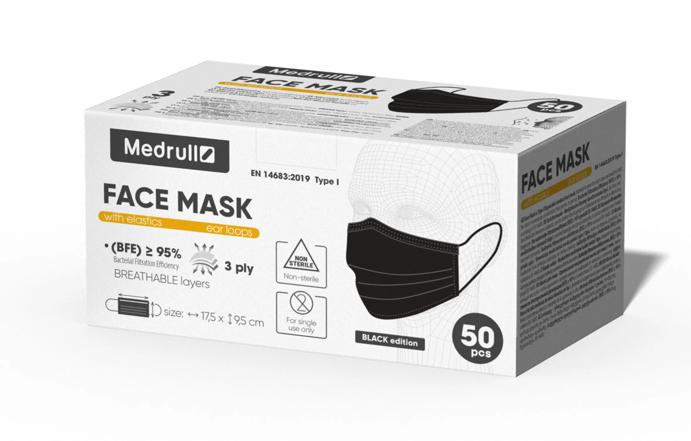 MEDRULL medicininės kaukės 3-suoksnių, su gumytėm, juodos sp., N50 -  