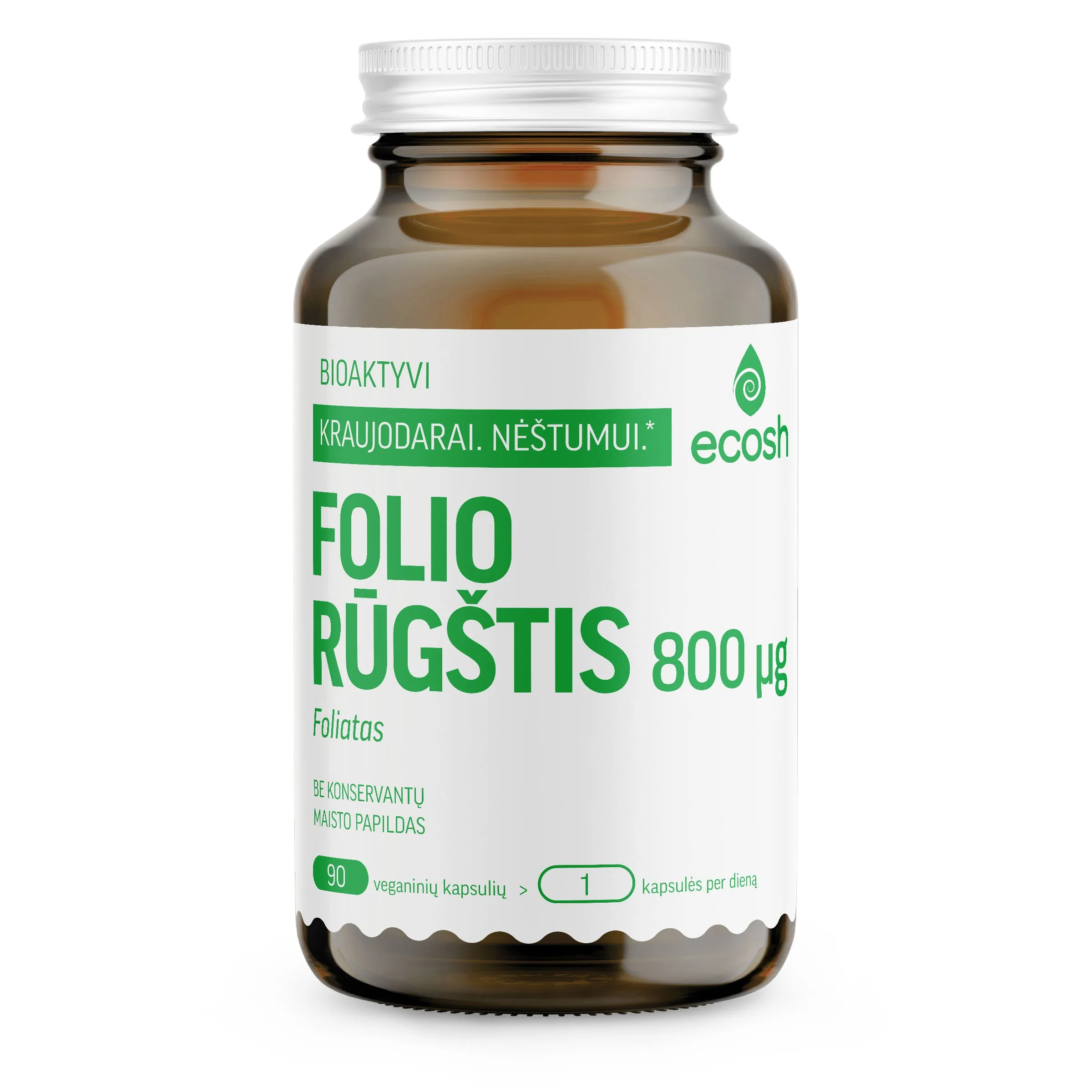 ECOSH bioaktyvi folio rūgštis, foliatas 800µg, 90 kapsulių -  