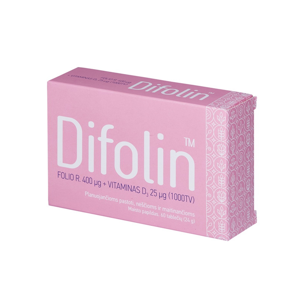 DIFOLIN folio rūgštis 400mcg+Vit.D3 25mcg, 60 tablečių -  