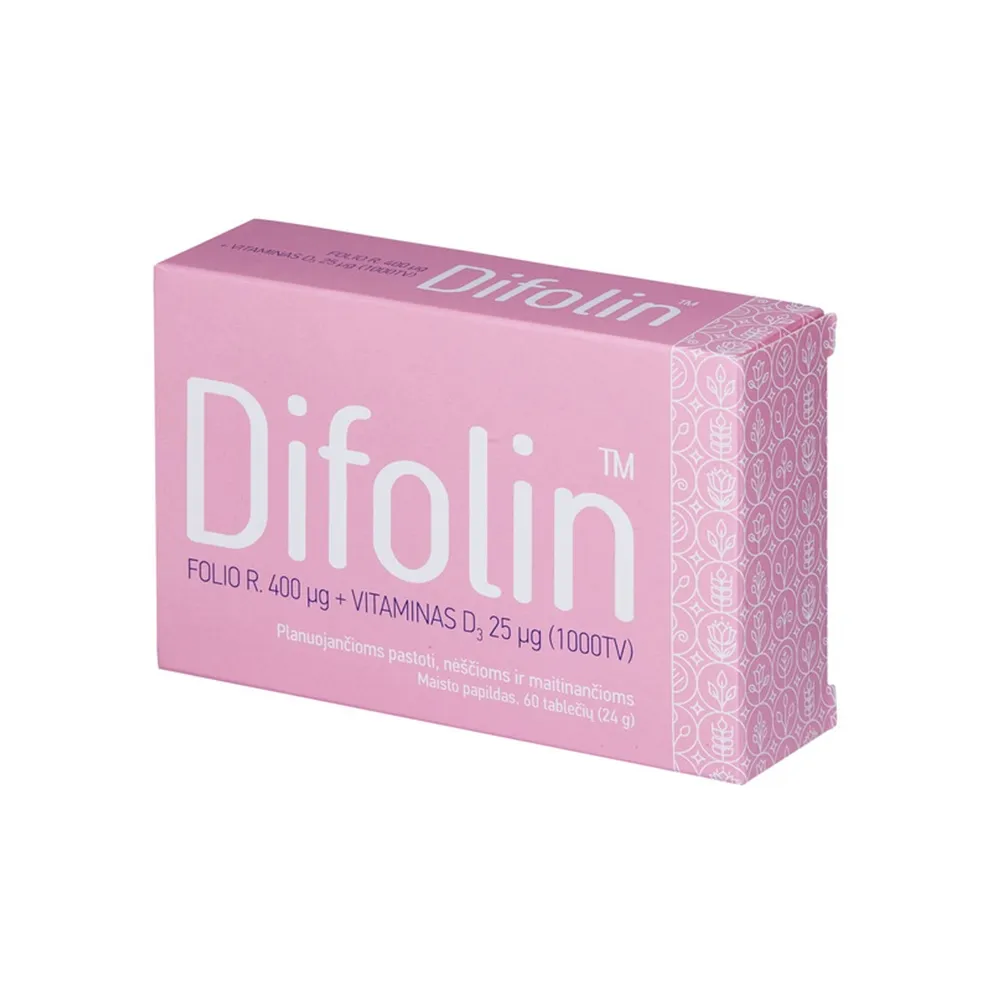 DIFOLIN folio rūgštis 400mcg+Vit.D3 25mcg, 60 tablečių -  