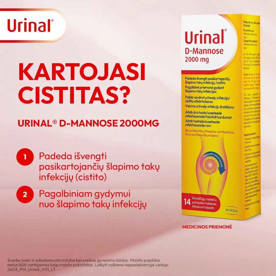 URINAL D-mannose (šlapimo takų infekcijoms), 2000mg, 14 šnypščiųjų tab -  2